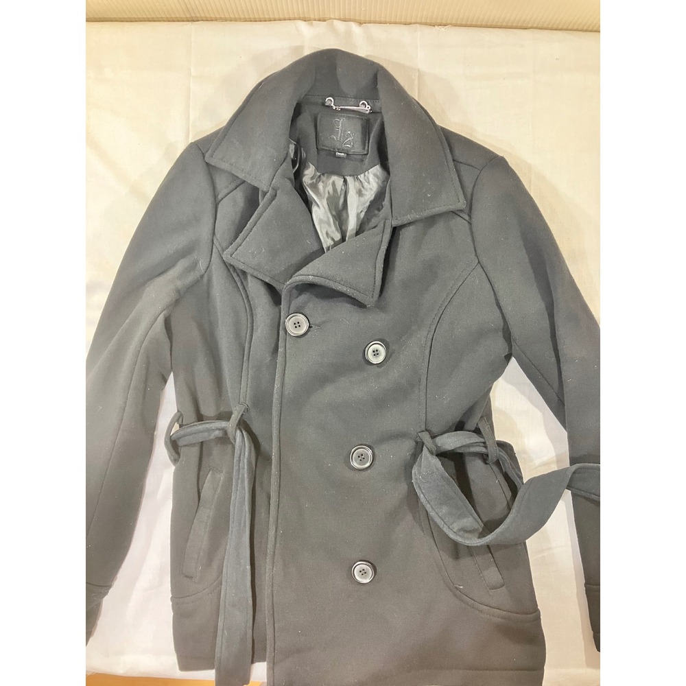 LZ Black Pea Coat Jacket Womens Medium Belted Winter Outerwear